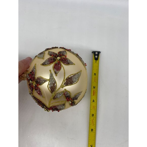 Vintage Kirkland Jeweled Poinsettia Glass Ornament Seed Beads Gliter Ball pair - Picture 13 of 13